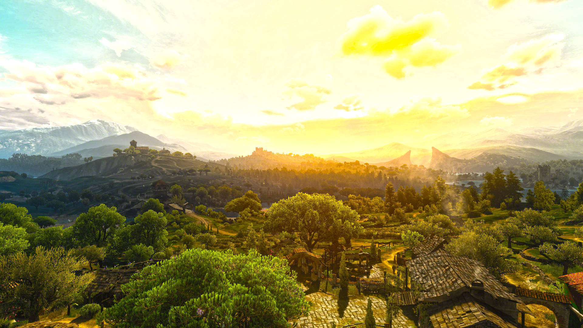 Geraltde Rivia Observa La Salida Del Sol Sobre Un Pequeño Pueblo En The Witcher 3. Fondo de pantalla