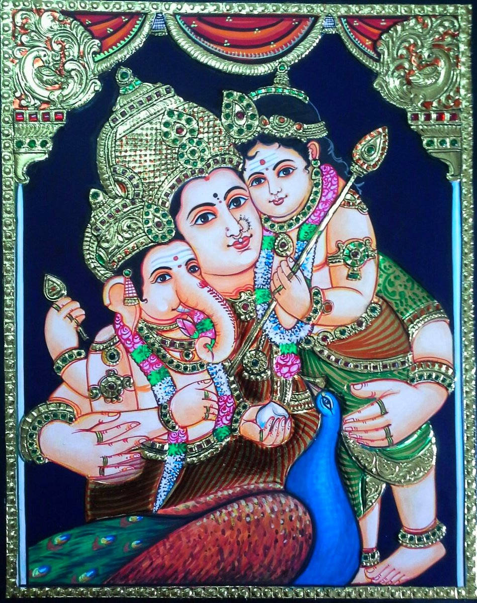 Vinayagar Murugan Maa Parvati Tapestry Tapet. Wallpaper