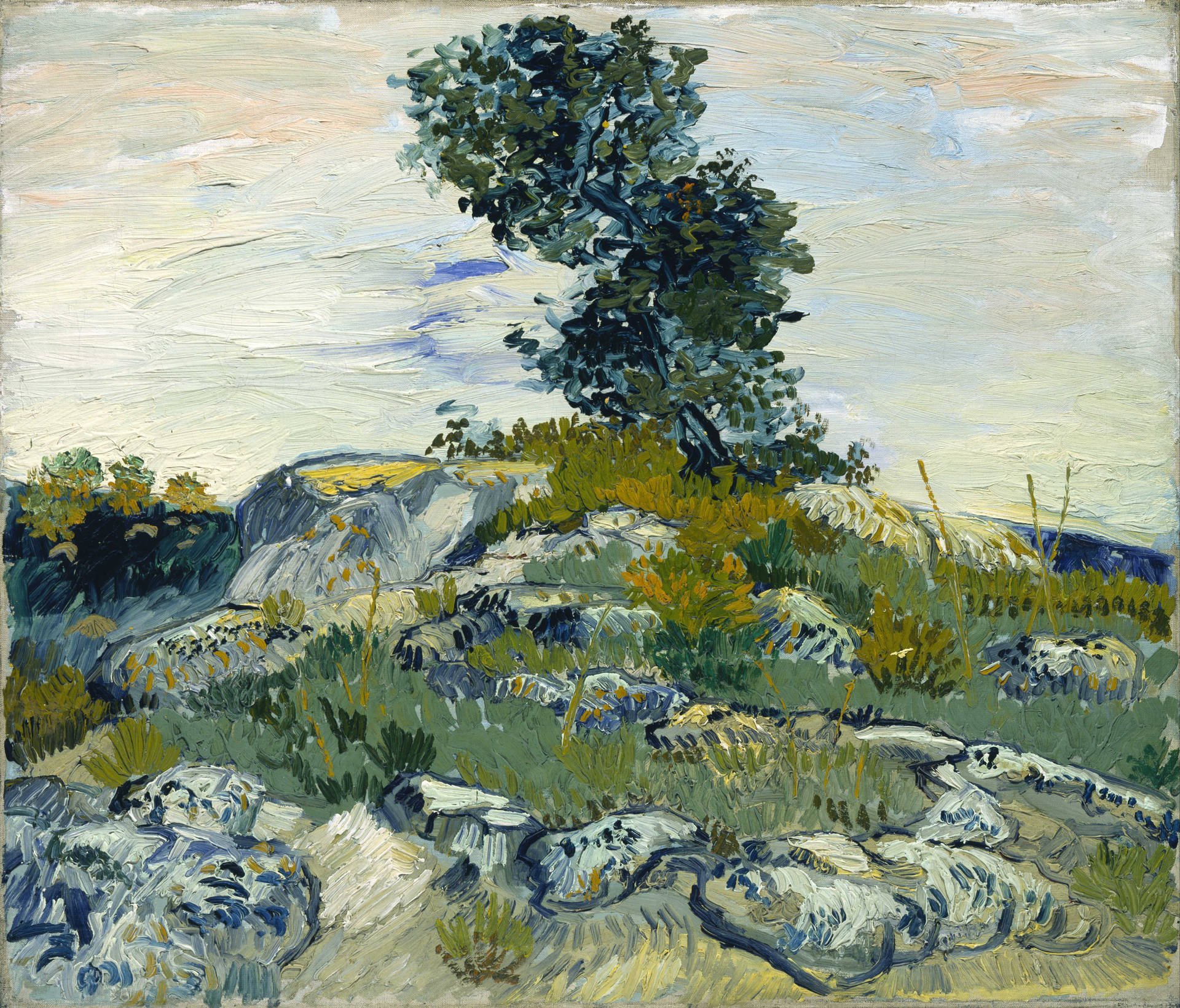 Rocks and Oak Tree in Vincent Van Gogh's Landscape Wallpaper