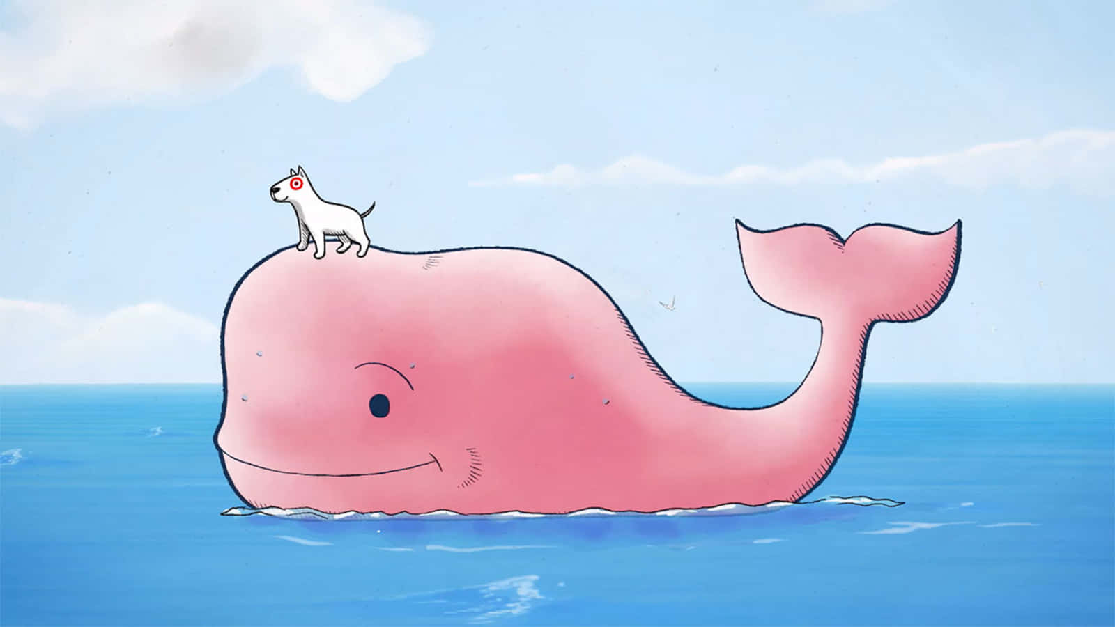 En lyserød hval med en hund øverst, der svømmer gennem himlen. Wallpaper