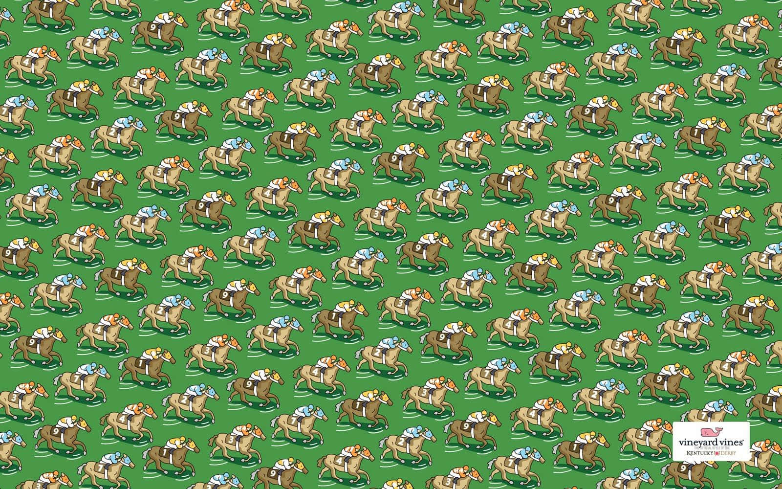 En grøn stof med et mønster af heste og mennesker der rider dem Wallpaper