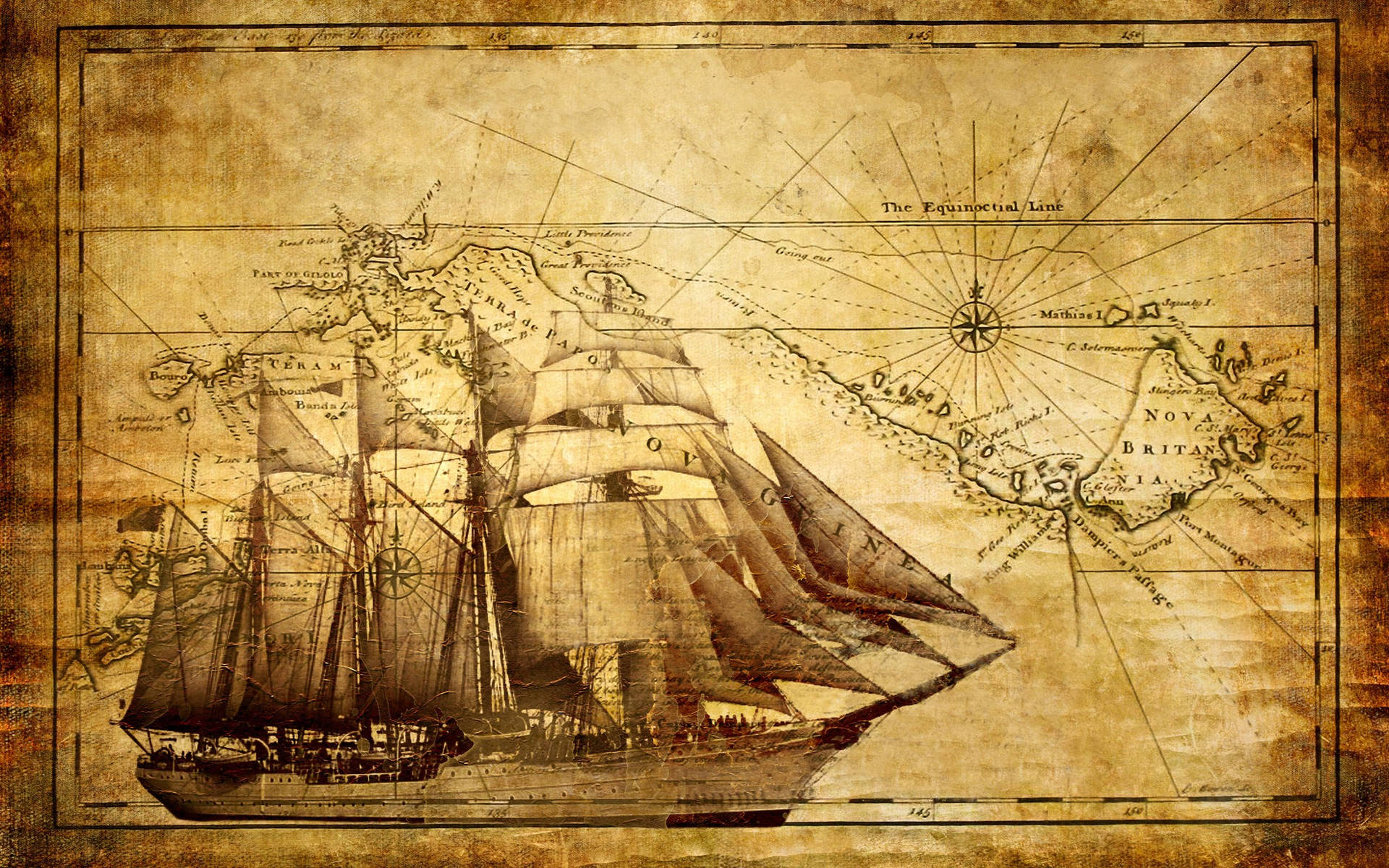 Nostalgic Exploration - An Ancient Ship and Vintage Map Wallpaper