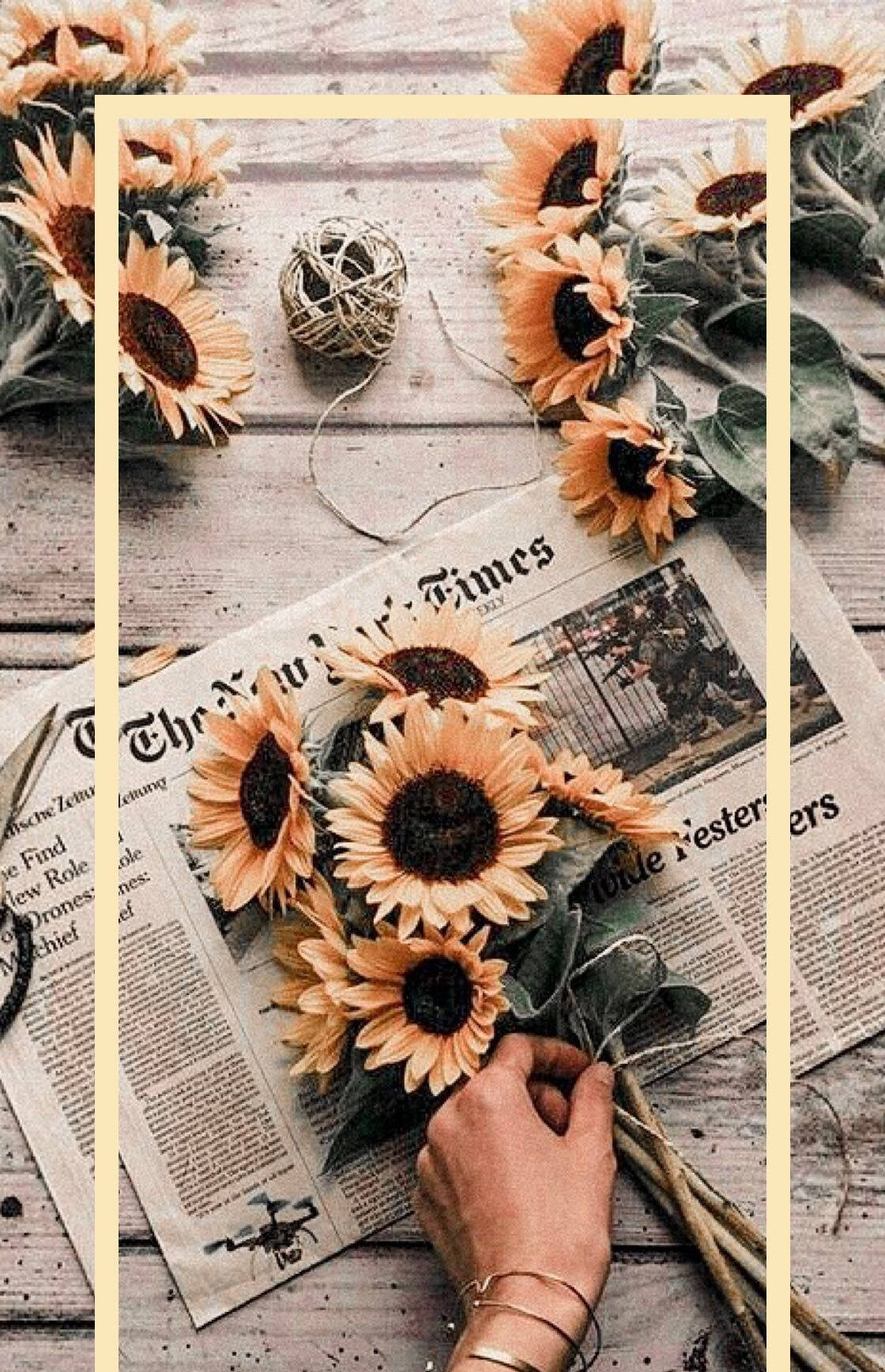 Vintage Aesthetic Phone Newspapers Sunflowers Background