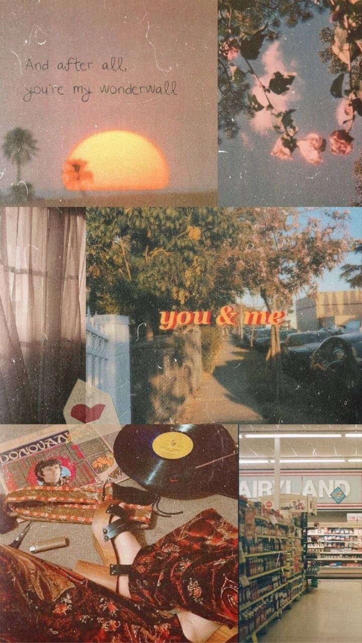 A Collage Of Photos Of A Store And A Sunset Wallpaper