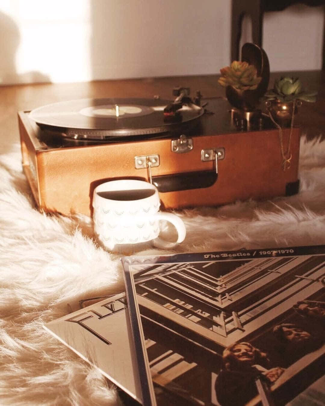 Engrammofon, Kaffe Og En Bog På Et Tæppe