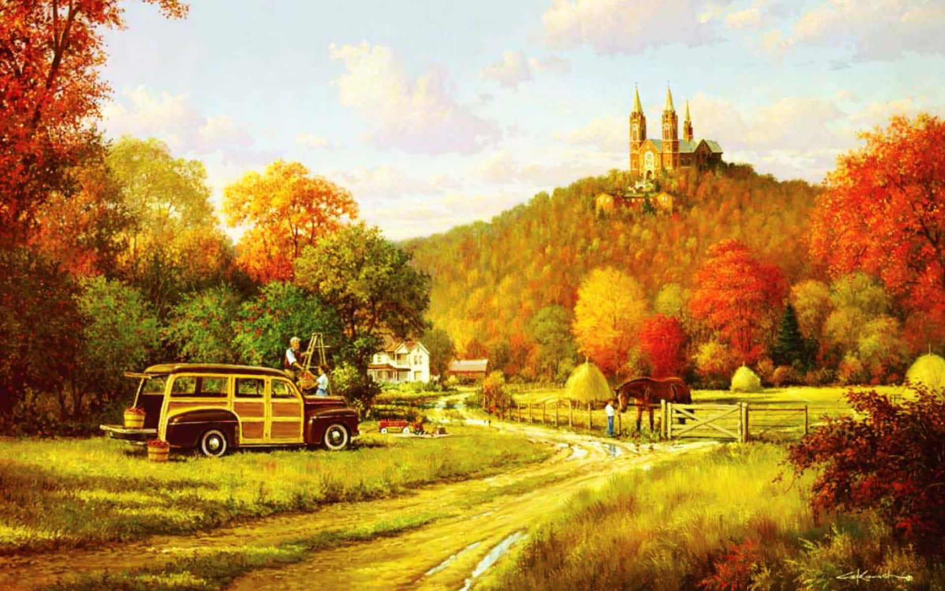 Vintage Autumn Painting Car Parked Wallpaper