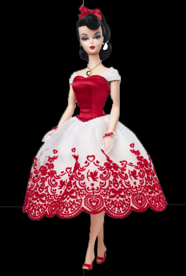 Vintage Barbiein Redand White Dress PNG