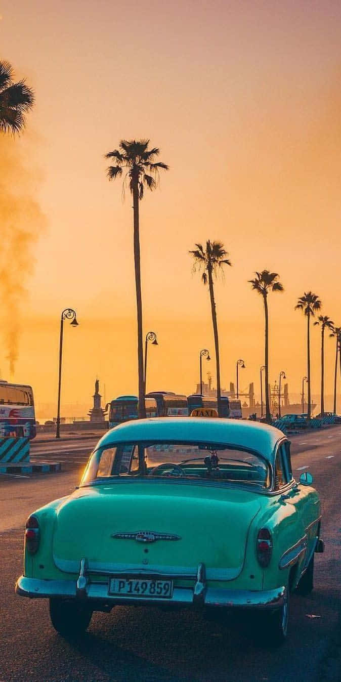 Vintage Beach Sunset With Classic Car Wallpaper