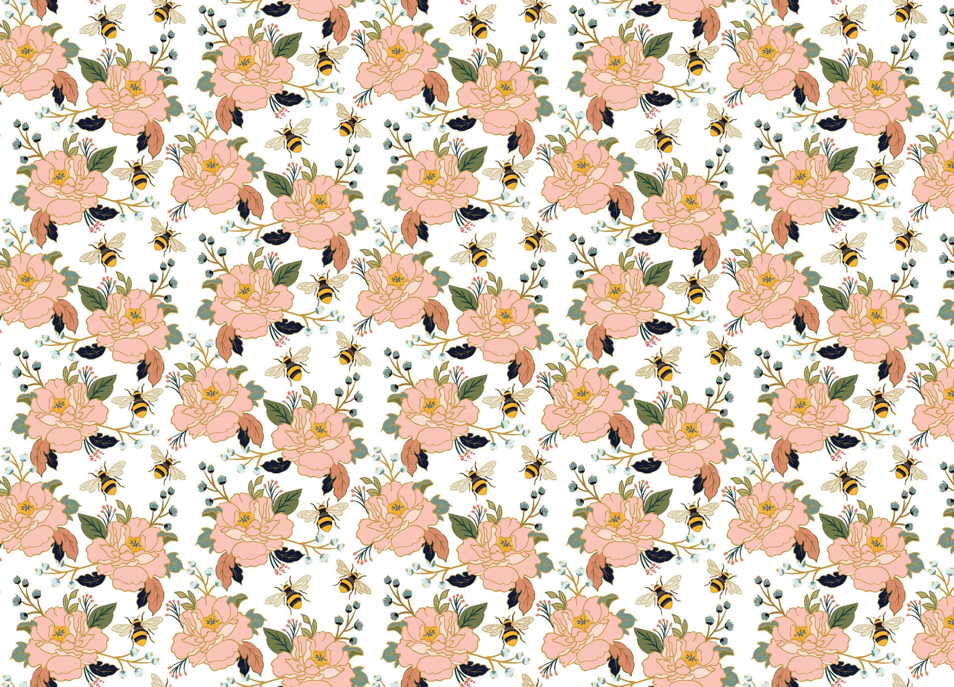 A Floral Pattern With Bees And Flowers Wallpaper