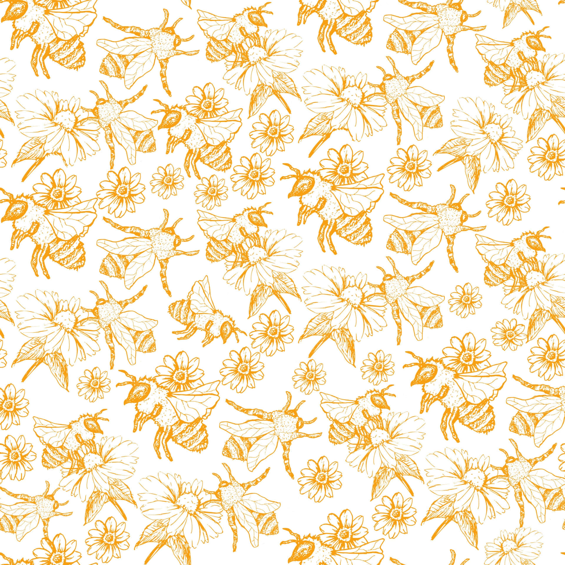 Et mønster med bier og blomster på en hvid baggrund Wallpaper