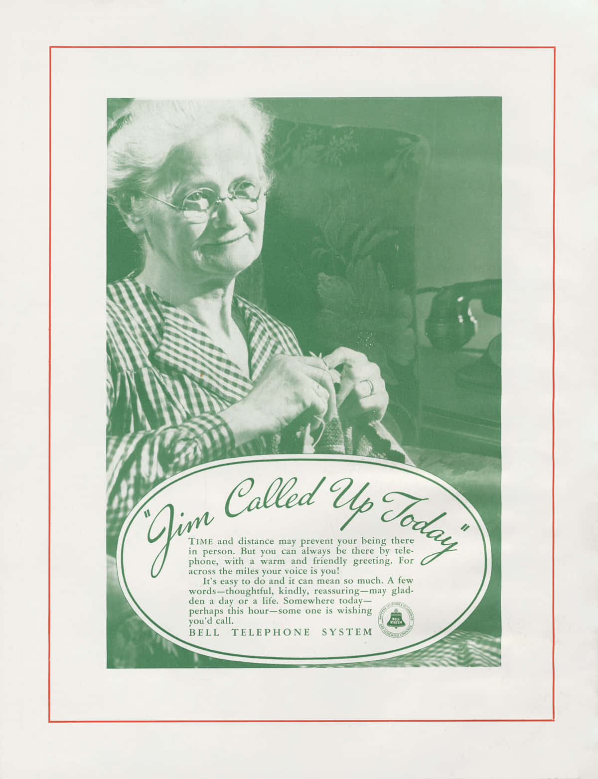 Vintage Bell Telephone Ad Smiling Grandmother Knitting Wallpaper