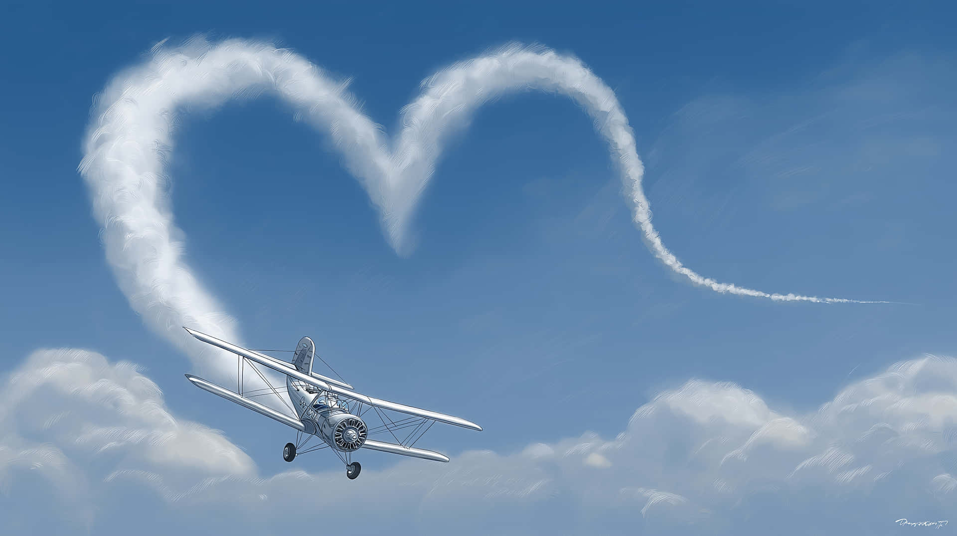 Vintage Biplane Drawing Heart In Clear Blue Sky Wallpaper