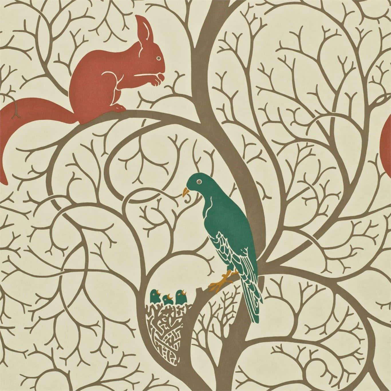 Vintage Birdand Squirrel Pattern Wallpaper