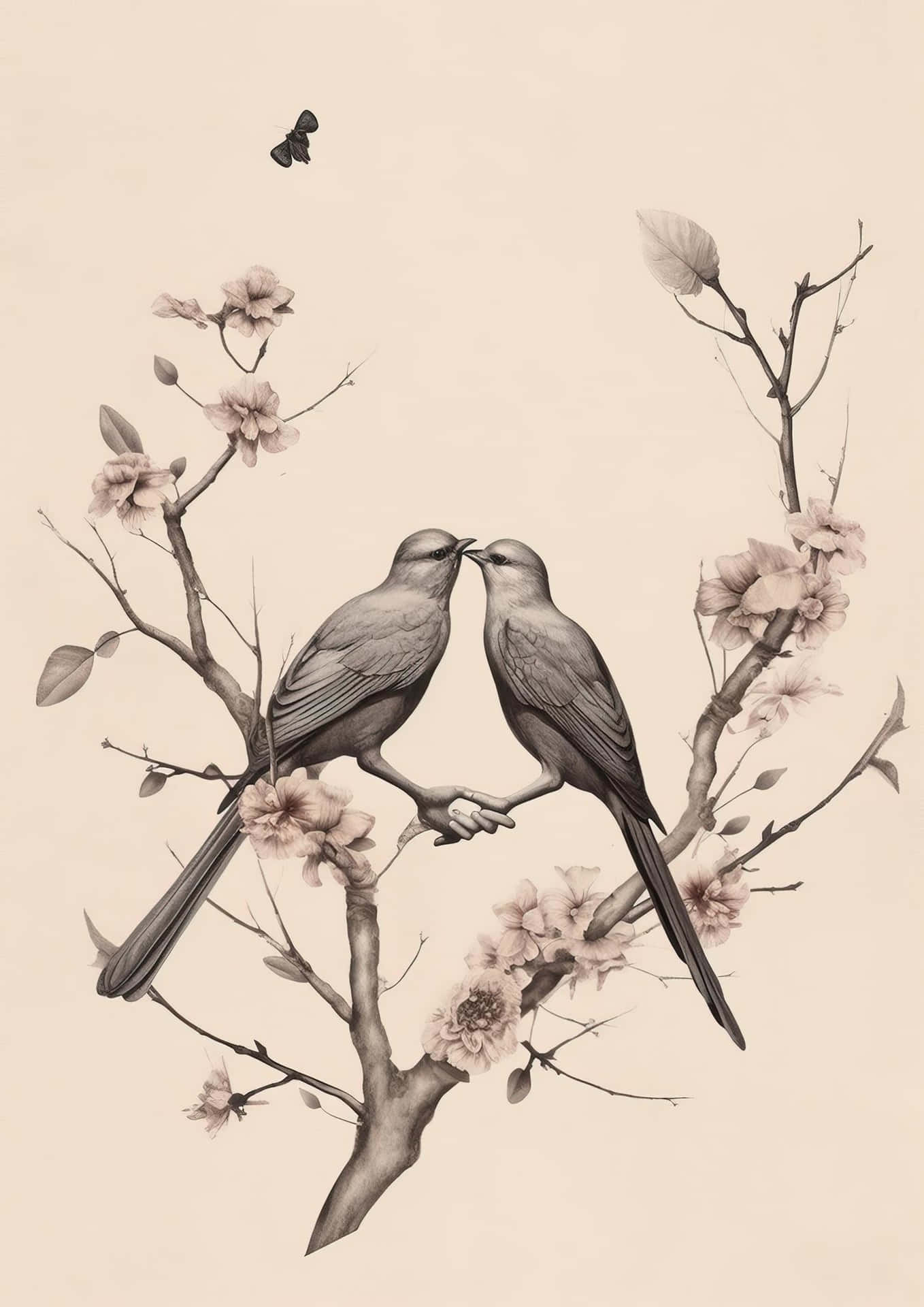 Vintage Birds Kissing Branch Sepia Tone Wallpaper