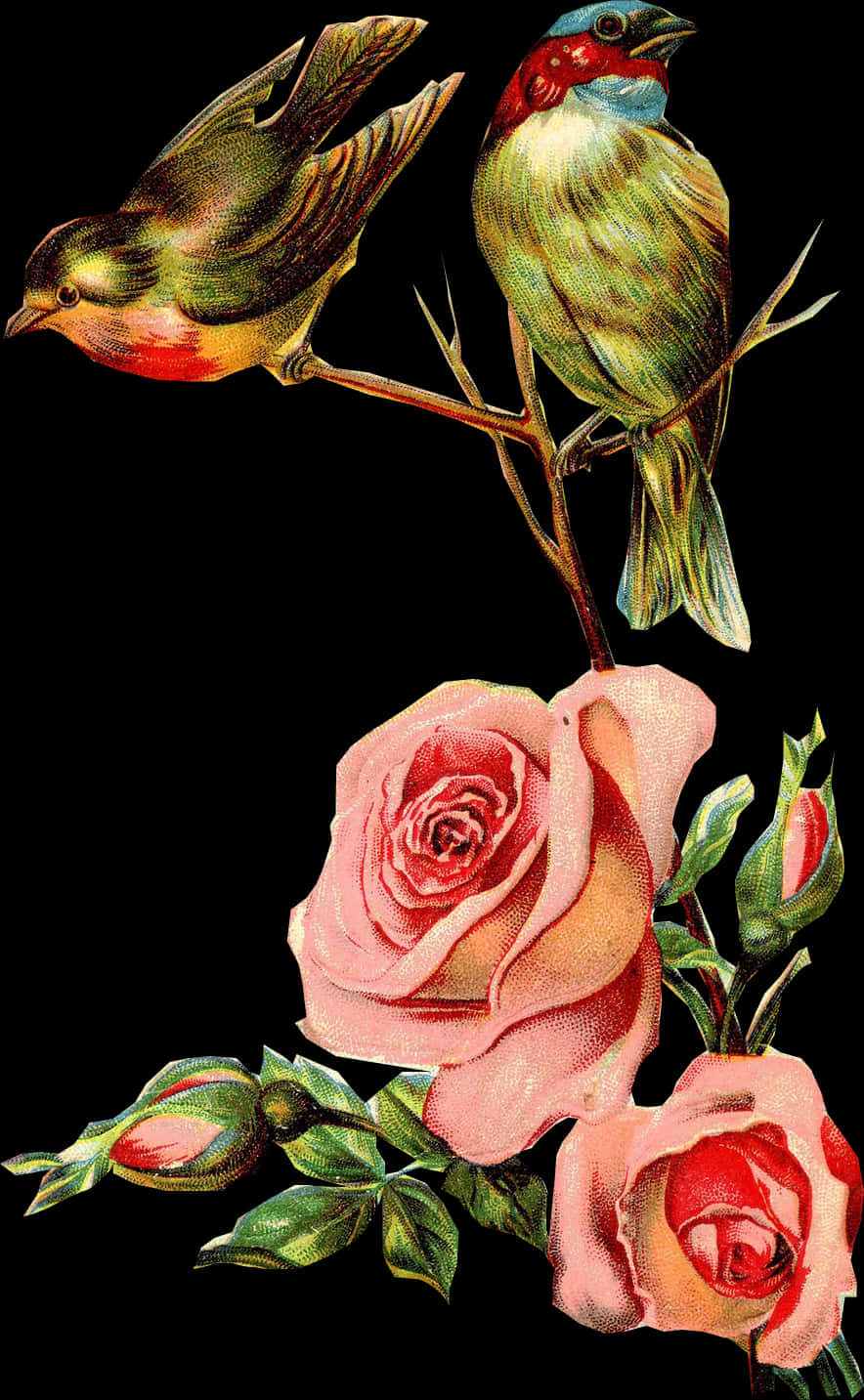 Vintage Birdsand Roses Illustration PNG