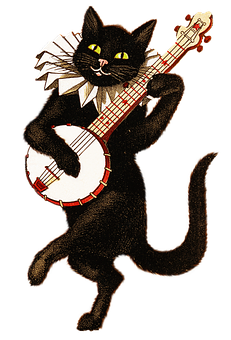 Vintage Black Cat Playing Banjo PNG