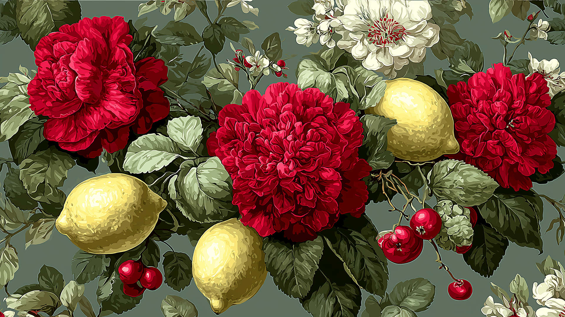 Vintage Botanical Pattern With Red Flowers, Lemons, And Cherries Wallpaper