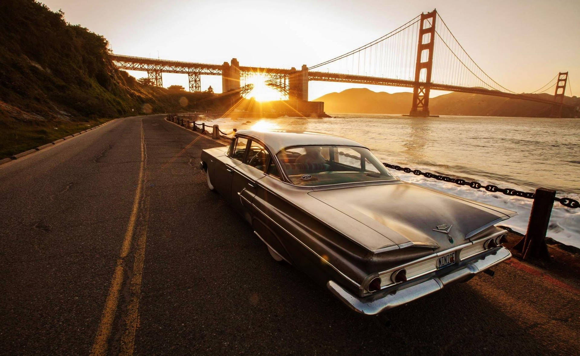 Vintage Cadillac Car On Bridge Wallpaper