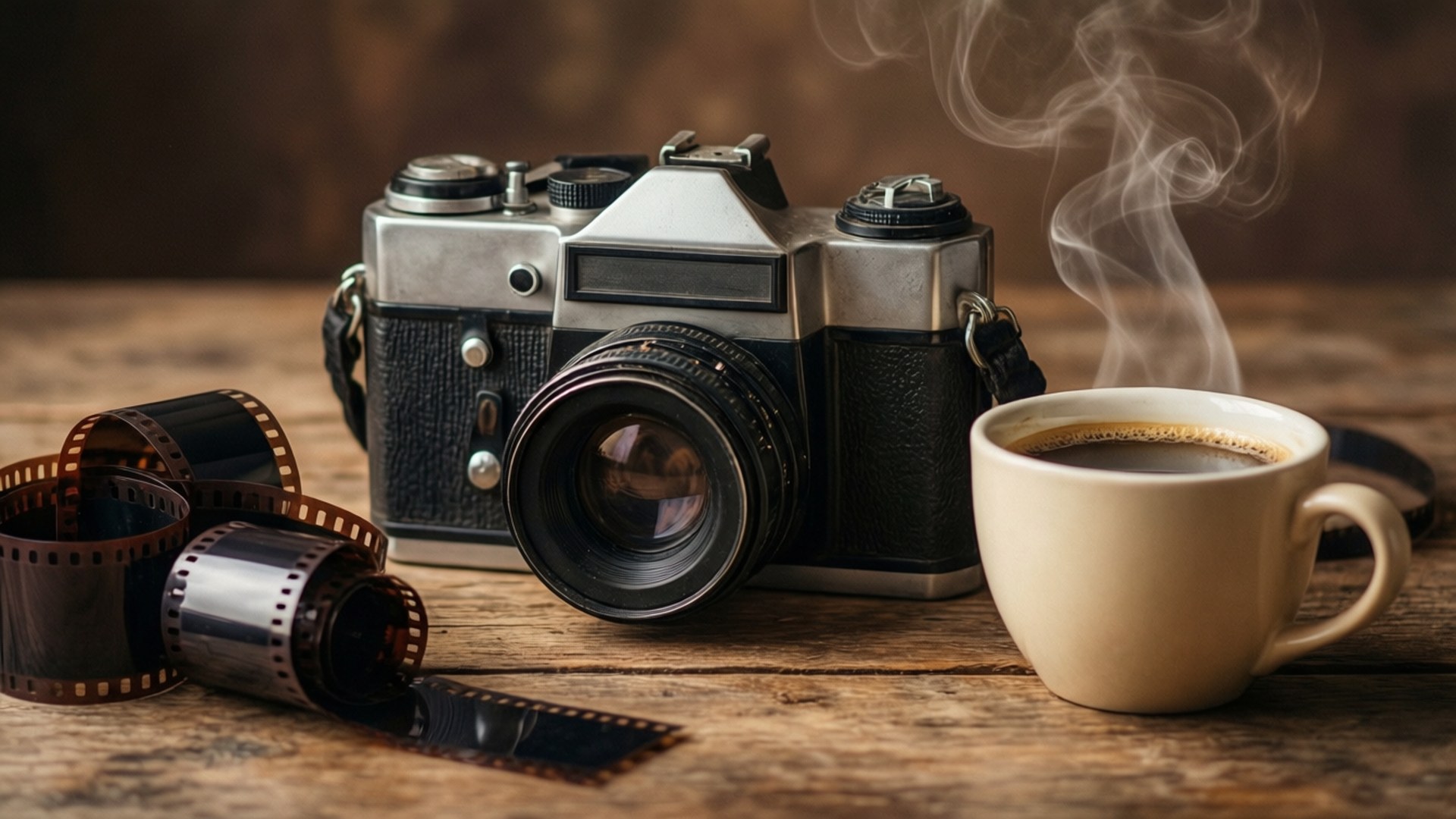 Vintage Camera Setup Wallpaper — A vintage film camera and coffee cup with steam rising sit beside film reels on a rustic wooden table.
