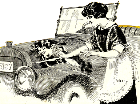 Vintage Car Illustrationwith Women PNG