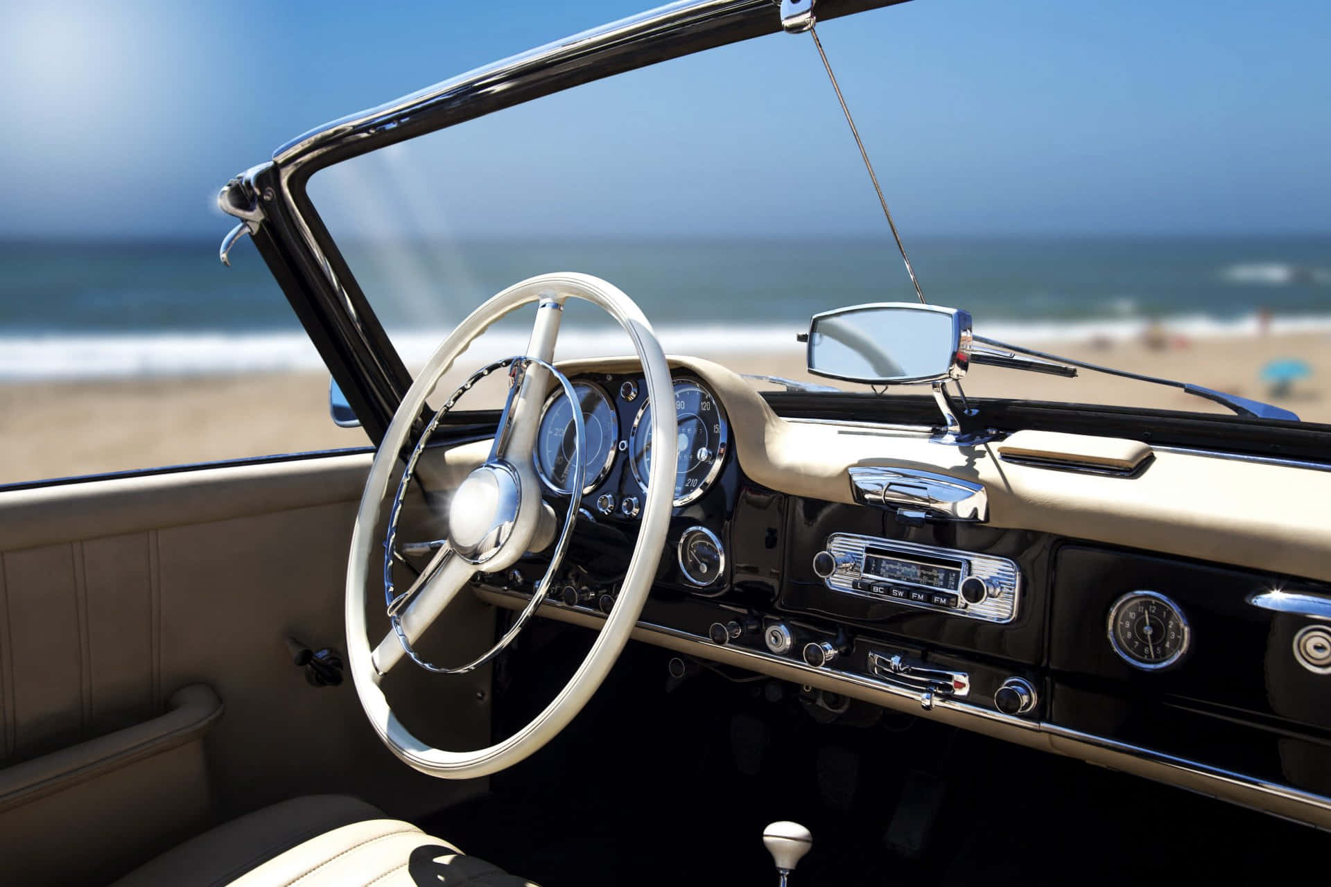 Vintage Car Interior Beach View Wallpaper