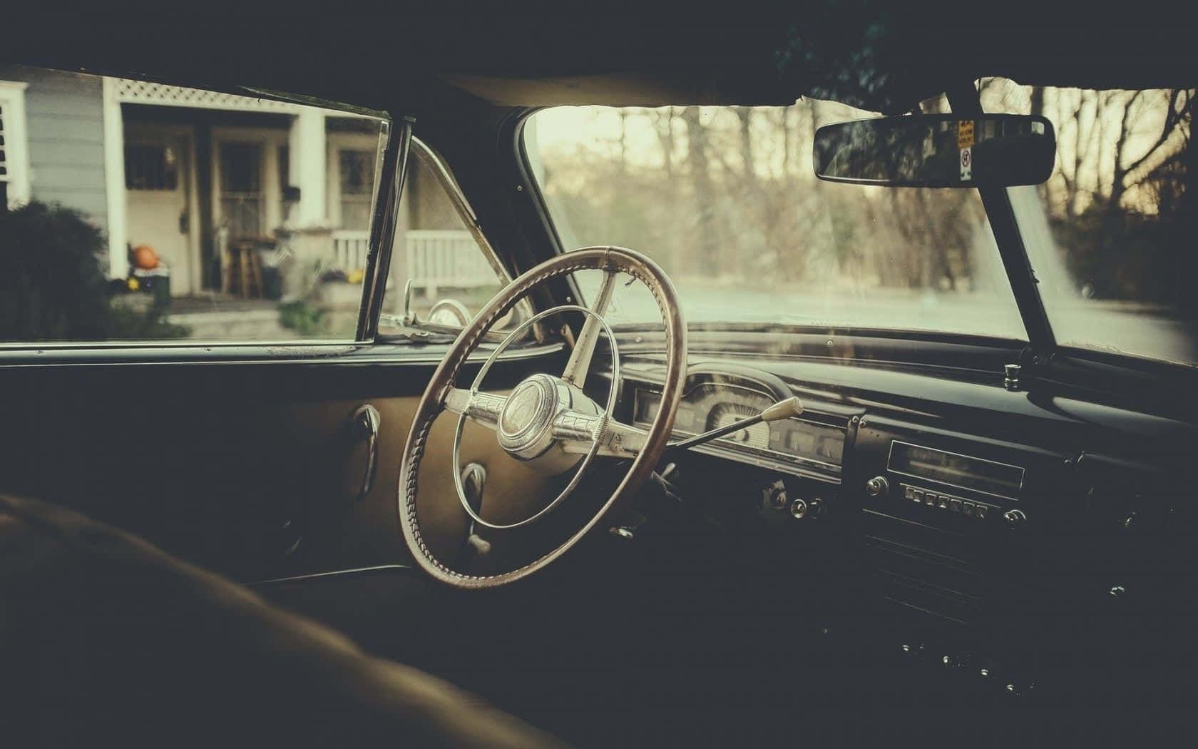 Vintage Car Interior Steering Wheel Wallpaper