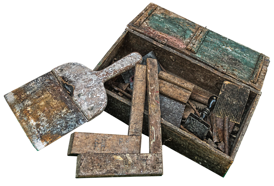 Vintage Carpentry Toolsin Wooden Box PNG
