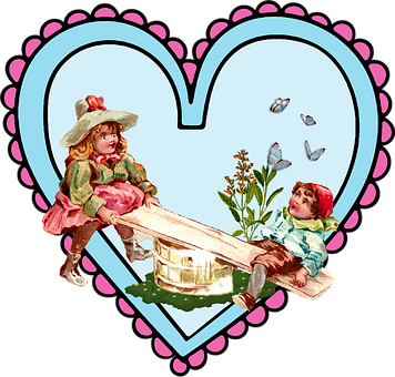 Vintage Children Playing Seesaw Heart Frame PNG