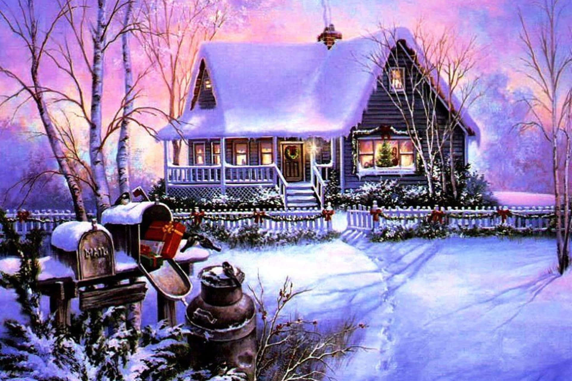 Vintage Christmas Cottage Snowscape Wallpaper