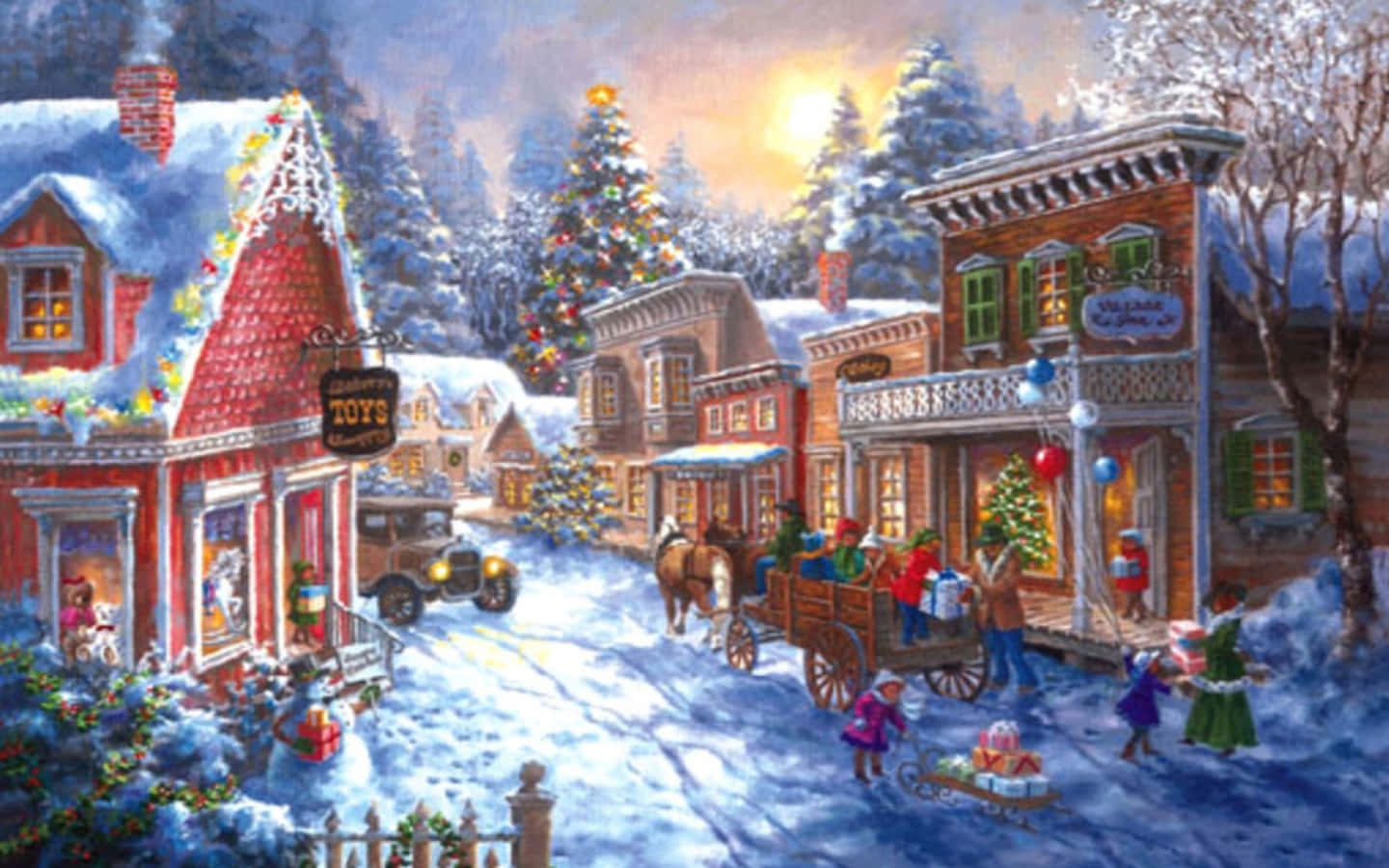A Painting Of A Christmas Village With People And Carriages Wallpaper