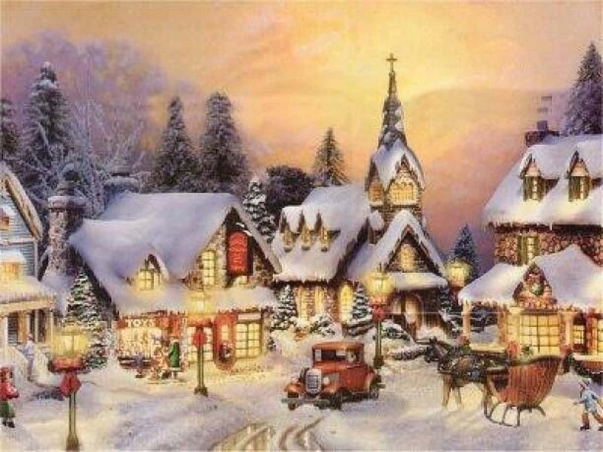 A Painting Of A Christmas Village With Horses And Carriages Wallpaper