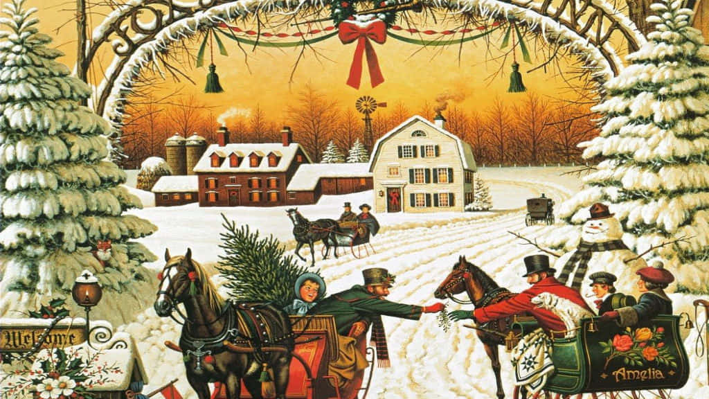 A Painting Of A Christmas Scene With Horses And Carriages Wallpaper