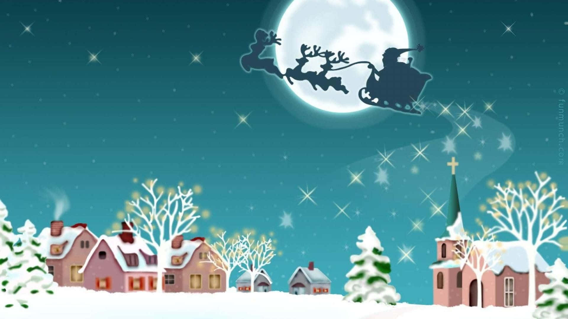 Santa Claus Flying Over A Snowy Village Wallpaper