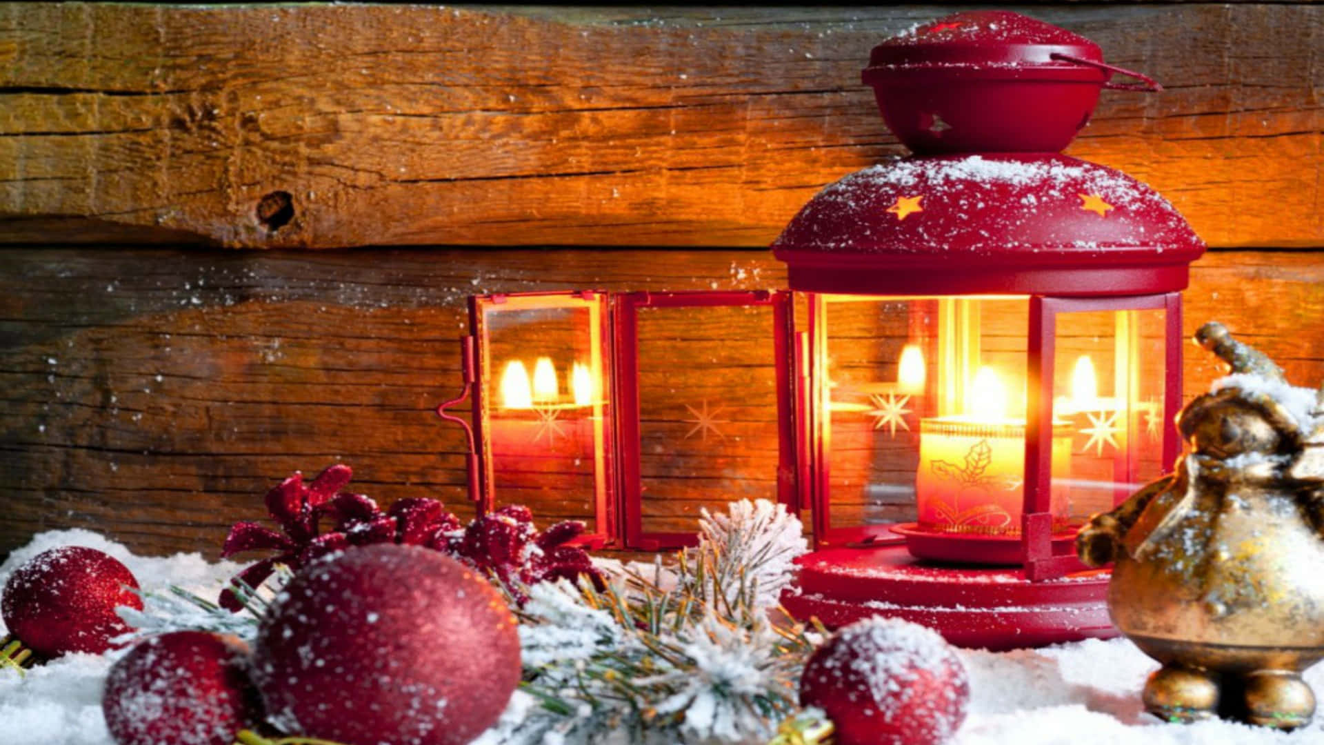 Download A Red Lantern With Candles And Ornaments On A Wooden ...