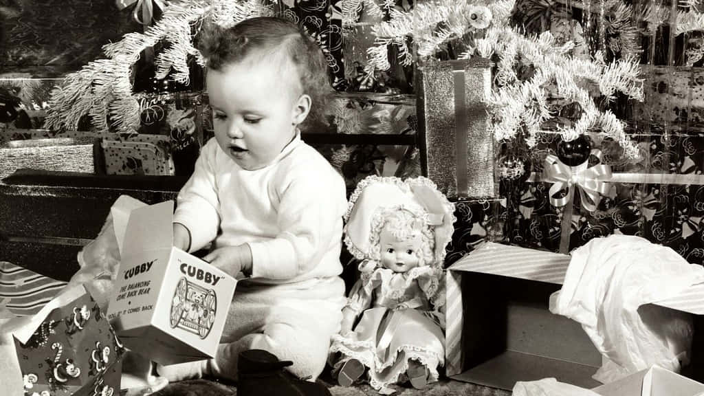 Vintage Christmas Scene with Presents and Snow Wallpaper