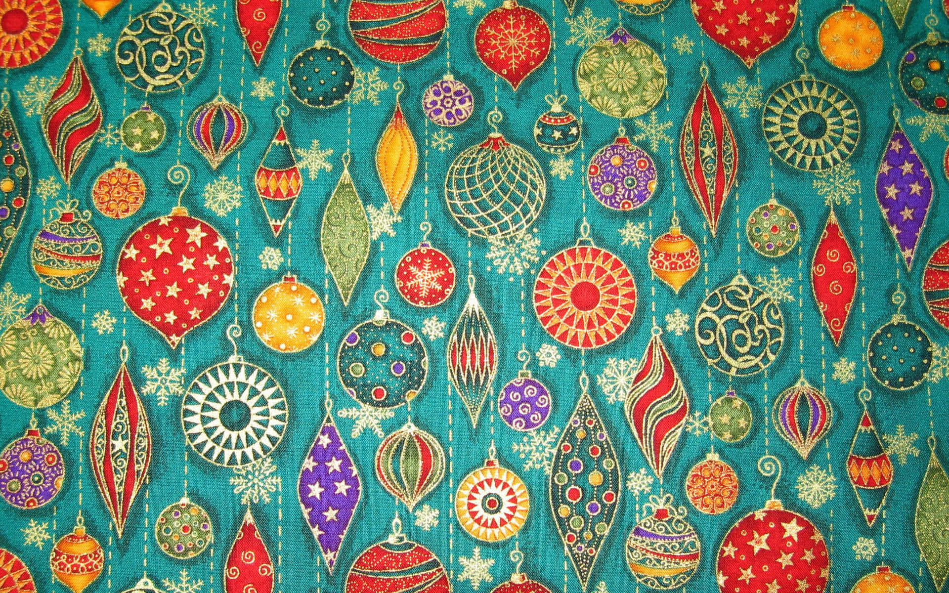A Teal Fabric With Many Christmas Ornaments On It Wallpaper