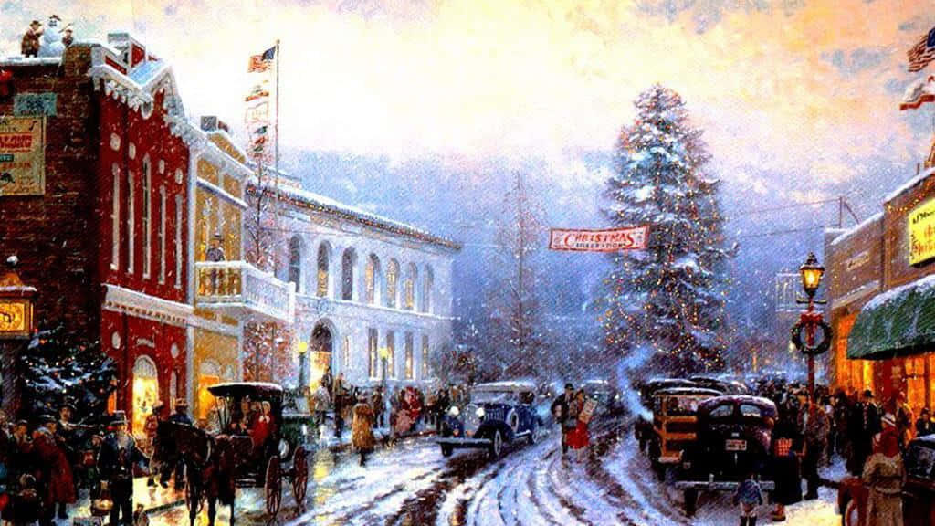 A Painting Of A Snowy Street With People And Horses Wallpaper