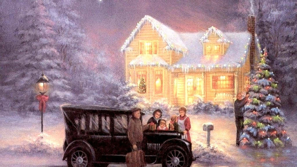 Christmas House With Car And People Wallpaper