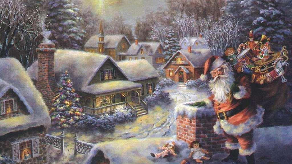 Santa Claus Is Standing On The Roof Of A House Wallpaper