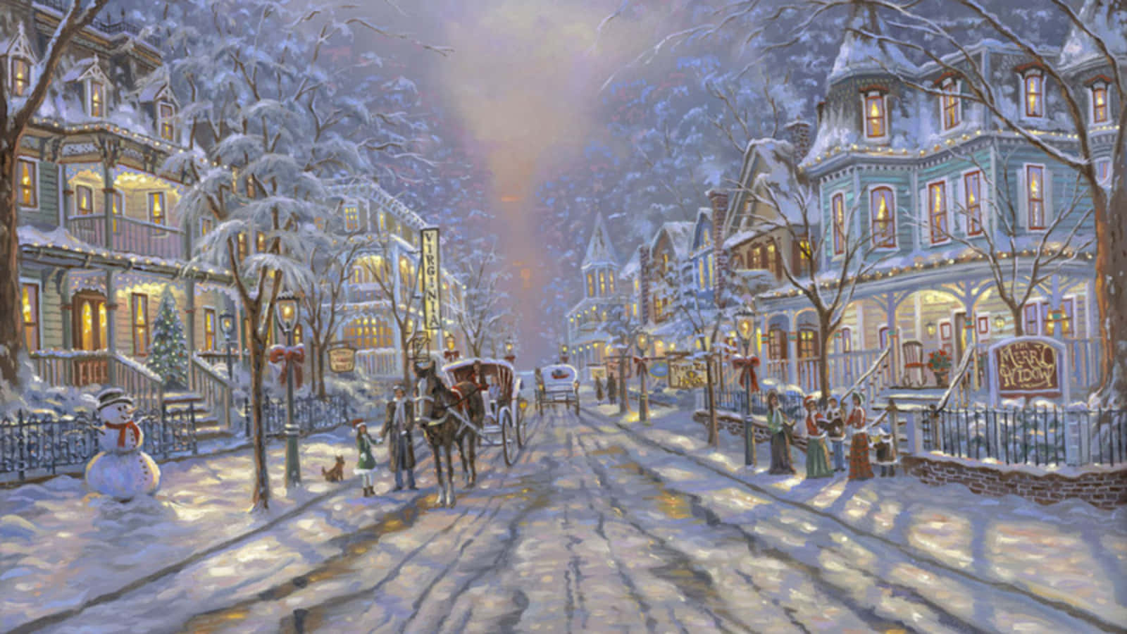 A Painting Of A Snowy Street With A Horse Drawn Carriage Wallpaper