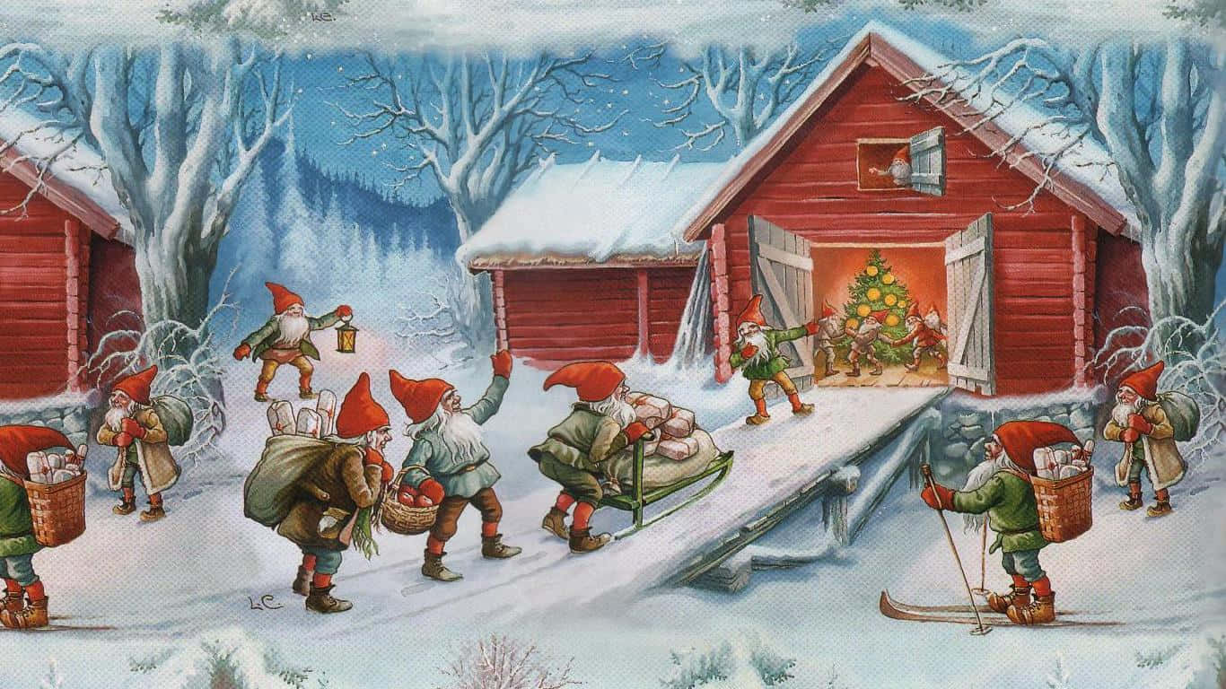 A Christmas Scene With Gnomes And Santa Claus Wallpaper