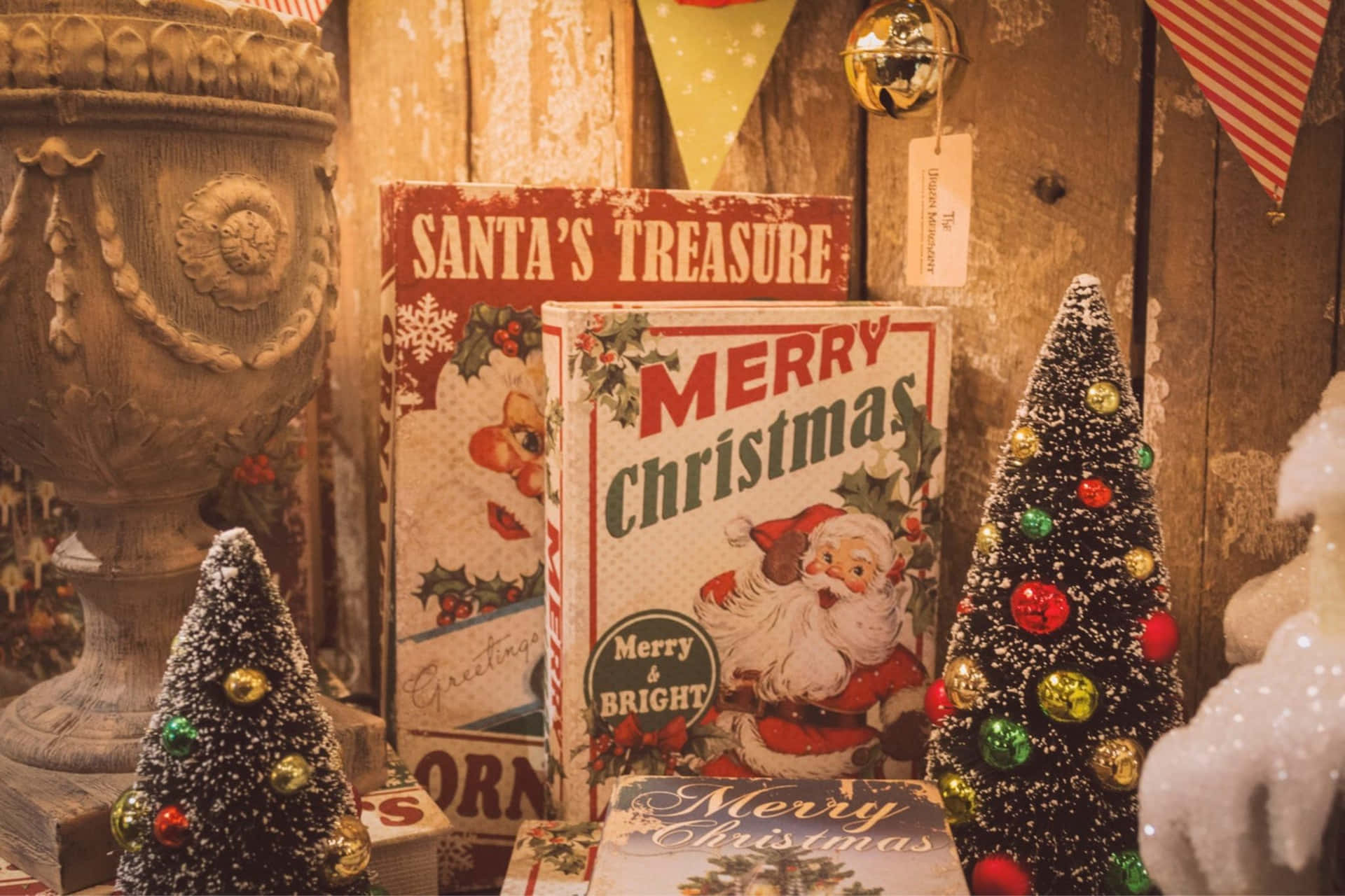 Vintage Christmas Displaywith Santaand Trees Wallpaper