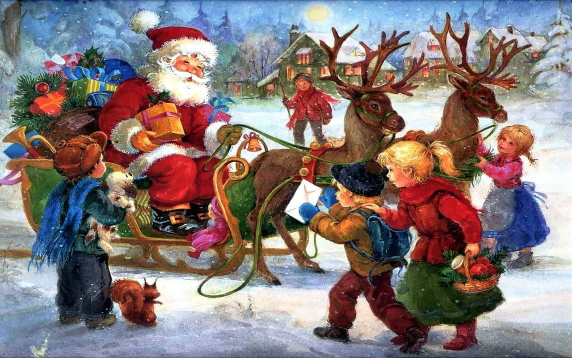 Eingemälde Vom Weihnachtsmann Mit Kindern Und Rentieren. Wallpaper
