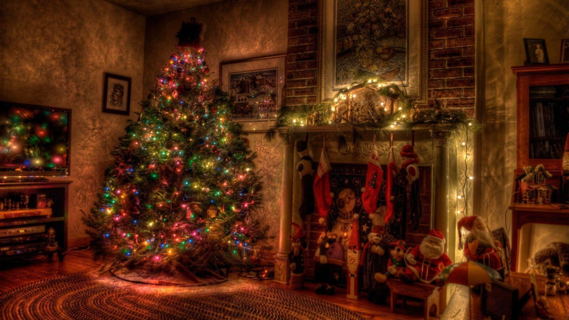 Lafamilia Se Reúne Alrededor De Un Tradicional Árbol De Navidad Vintage Fondo de pantalla
