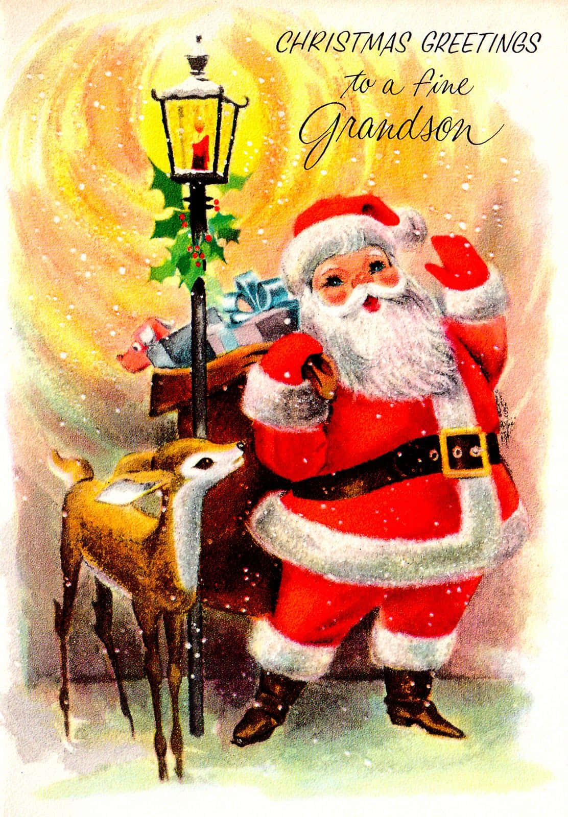 En vintage julekort med julemanden og et dyr Wallpaper