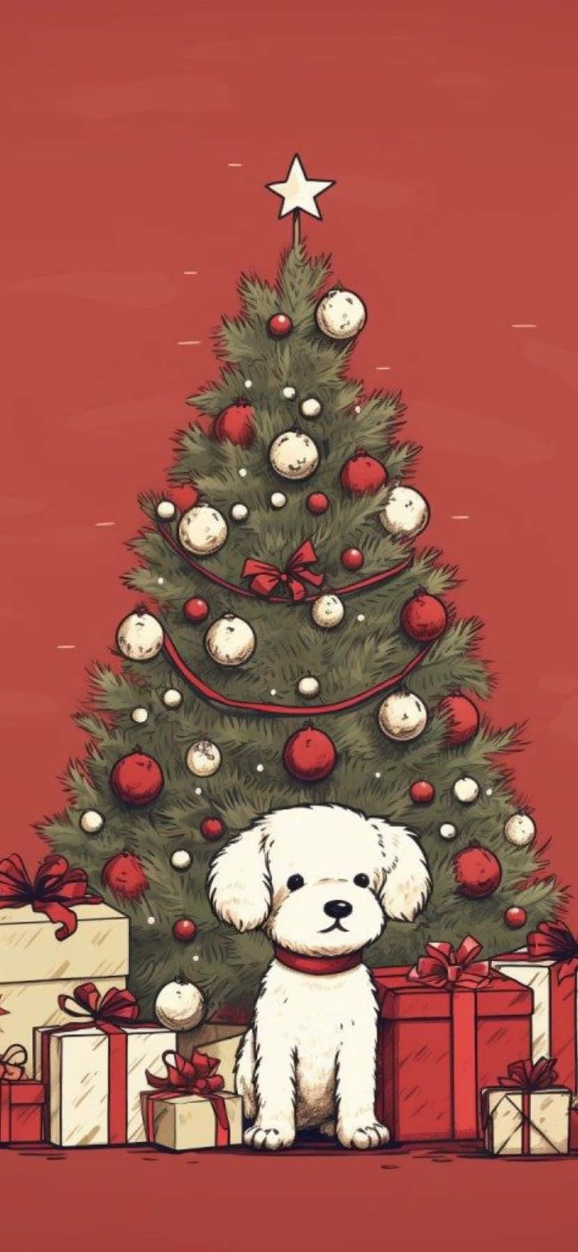 Vintage Christmas Puppyand Tree Wallpaper