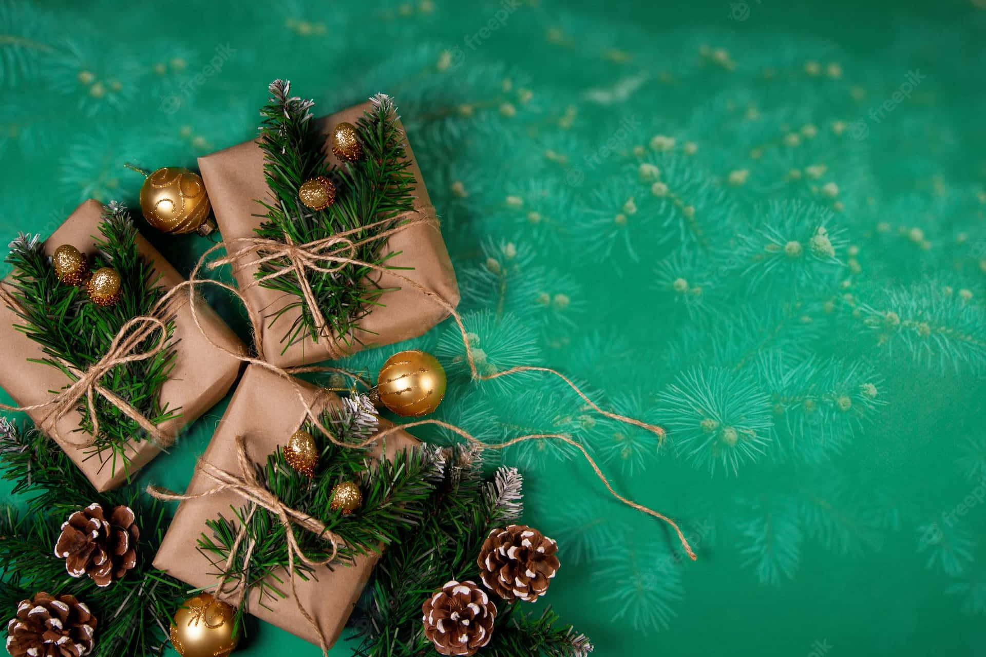 Christmas Gifts On Green Background With Pine Cones And Pine Branches Wallpaper