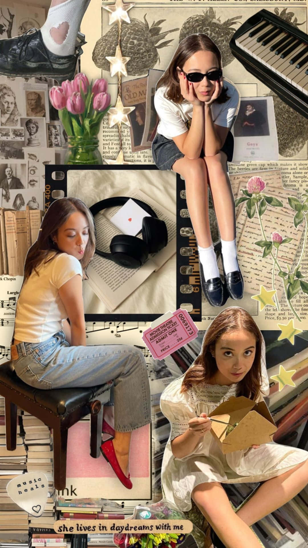 Vintage Collage Girl Fashion Music Wallpaper