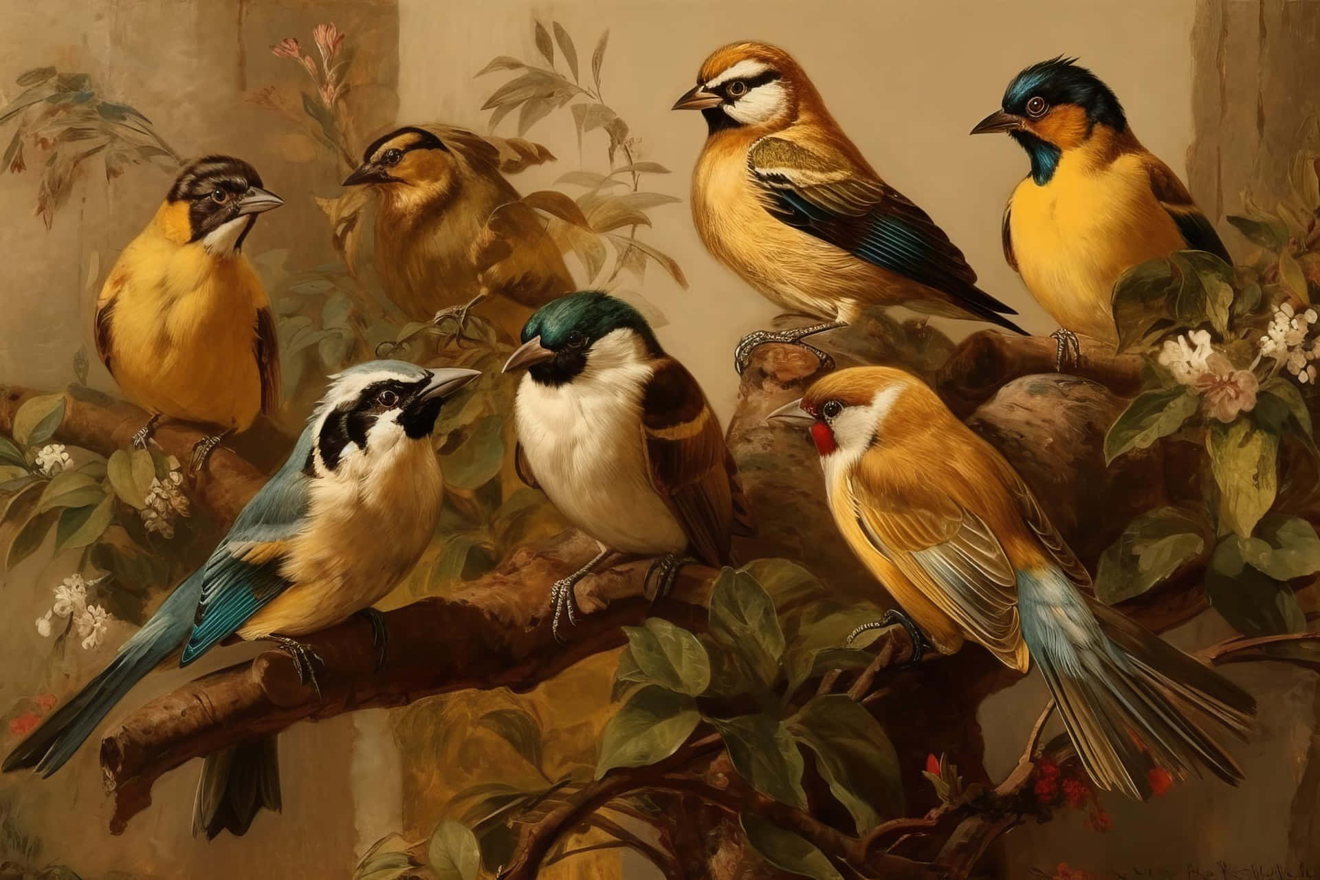 Vintage Colorful Birds Gathering Wallpaper