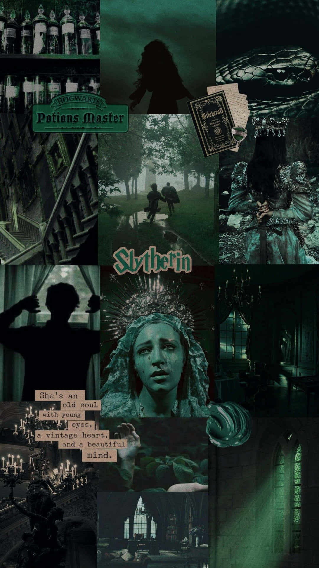 Vintage Dark Green Slytherin Aesthetic Collage Wallpaper